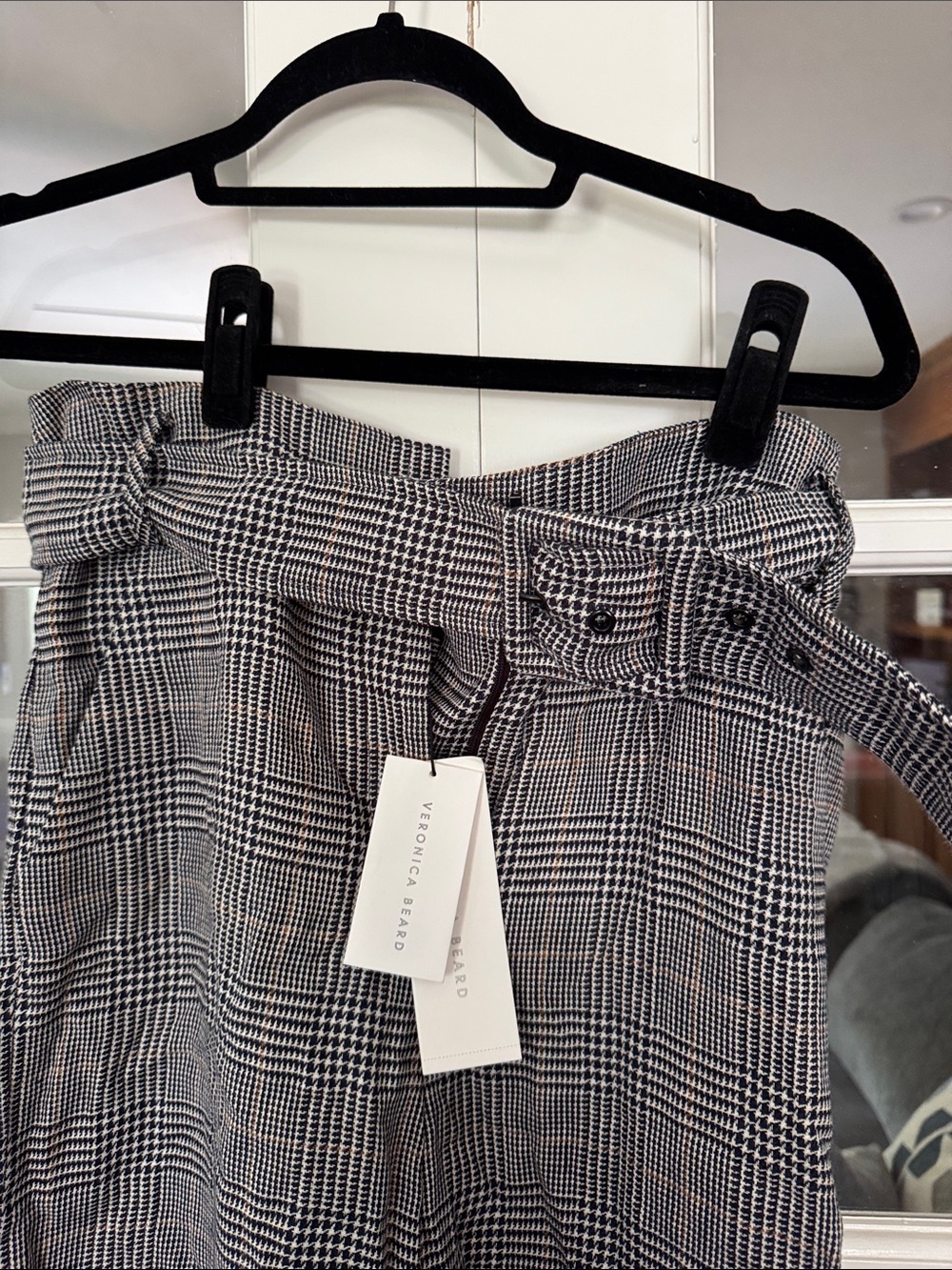 Veronica Beard Dexter pant, navy blue & White Plaid Paperbag Waist Wide-Leg - Picture 3 of 5